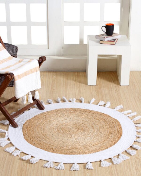 Natural Jute & White Cotton Rug – Bohemian