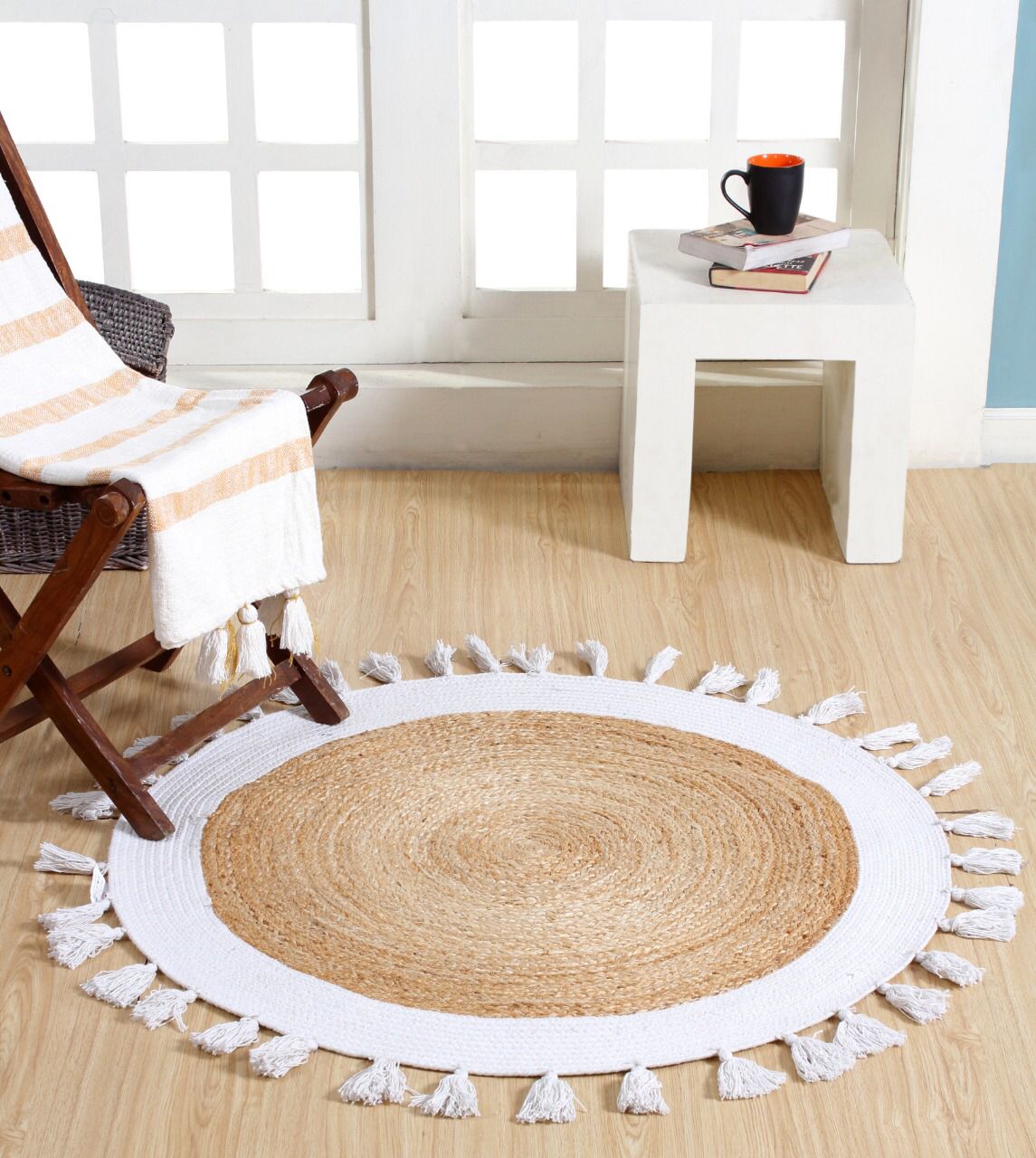 Natural Jute & White Cotton Rug – Bohemian